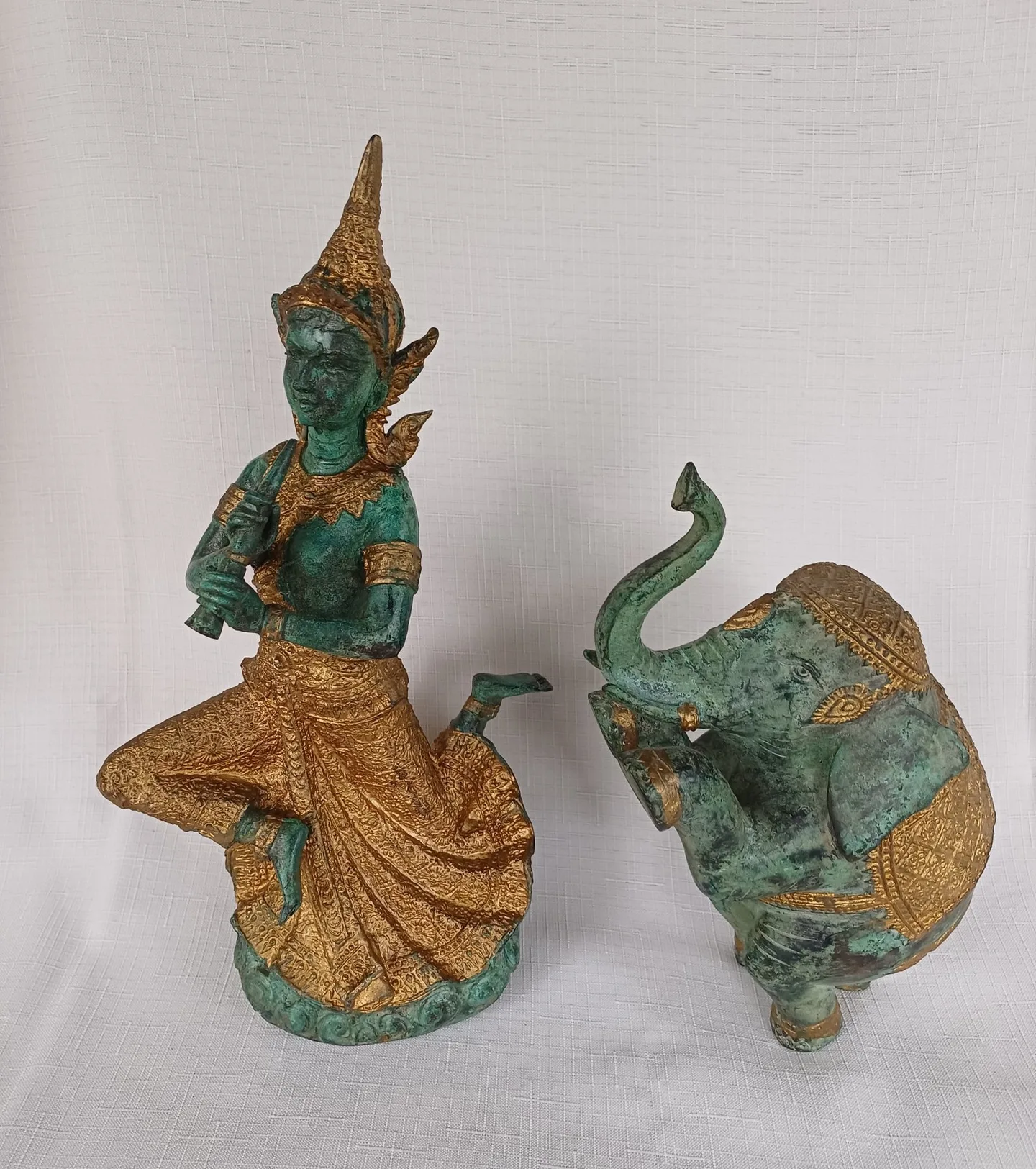 Two Vintage Thai Bronze Sculptures — Musician and Elephant
