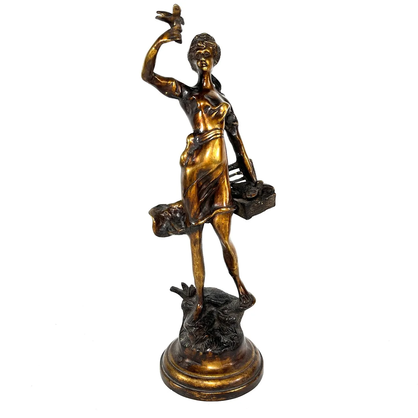 Bronze statue ART Deco Girl with basket and birds 42cm